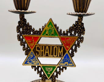 Vintage Israeli Brass Candelabra, Star of David Shalom Enamel Candle Holder