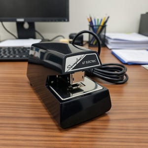 May include: A black Swingline 67 ELECTRIC stapler sits on a wooden desk. The stapler has a silver metal base and a black top with the Swingline logo and model number. A black power cord is connected to the stapler.