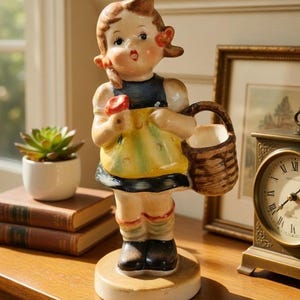 May include: A vintage ceramic figurine of a young girl holding an apple and a basket. The girl wears a yellow dress, black shoes, and a blue apron. The figurine is on a round base and is displayed on a wooden surface.