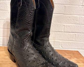 Cheyenne Black Leather Cowboy Boots, Ostrich Print Western Boots Size 7