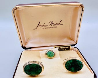 Conjunto vintage de gemelos y alfiler de corbata de jade auténtico Hadleigh, joyería para hombre de Jordan Marsh.