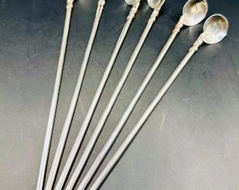 Cucharas con pajita Taxco de plata esterlina, juego de 6 cucharas con pajita de bambú