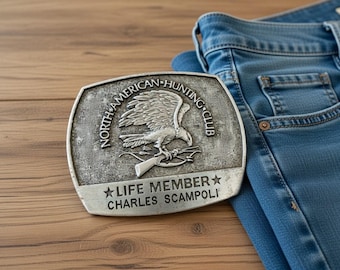 1981 North American Hunting Club Eagle Belt Buckle, Life Member Charles Scampoli