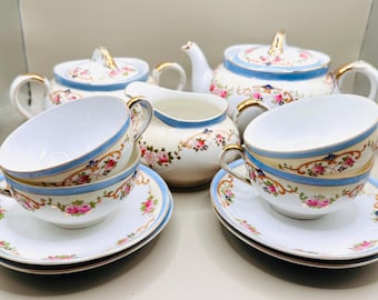 Antique Nippon 11pc Tea Set Hand Painted Pink Roses Blue Rim Gold Trim