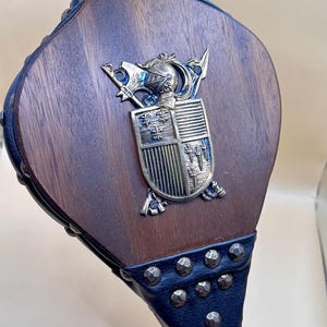Vintage Wood Fireplace Bellows with Heraldic Crest, Leather Hearth Decor