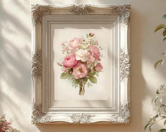 Vintage Rose Floral Print, Antique Rose Printable Wall Art, Pink Flower Sketch, Botanical Farmhouse Decor, English Country Digital Art