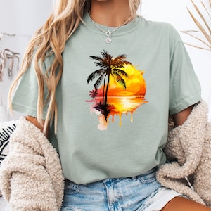 Camiseta de atardecer tropical, camiseta de atardecer de verano, conjunto de palmeras, camiseta de playa, regalo de vacaciones de verano, camiseta de atardecer y palmeras, camiseta de verano