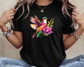 Hummingbird T-Shirt, Floral Bird Graphic Tee