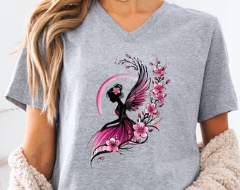 Angel Wings Graphic Tee, Floral Design, Unisex T-Shirt