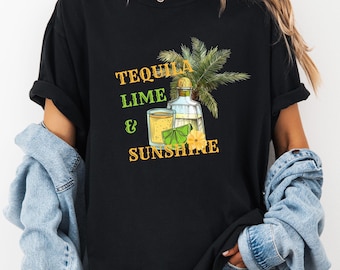 Camiseta retro de verano con colores cómodos, tequila, lima y sol