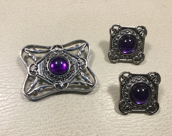 1992 Avon Bold & Classic Royal Purple Pin Earring Set / Vintage Avon Jewelry / Avon Purple Cabachon Earrings and Lapel Pin / DN133 Avon