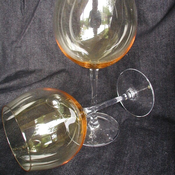 Pair Yellow Gold Stemmed Goblet Wine Glasses Wedding Toast