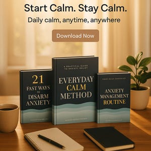 May include: Three self-help books with titles including "21 Fast Ways to Disarm Anxiety", "Everyday Calm Method", and "Anxiety Management Routine". The books are black with white and gold lettering. A cup of coffee, a notepad, and a pen are also on the wooden surface.