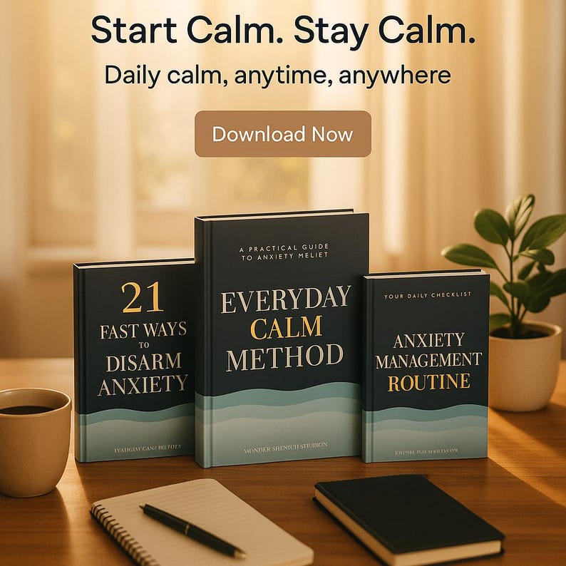 May include: Three self-help books with titles including "21 Fast Ways to Disarm Anxiety", "Everyday Calm Method", and "Anxiety Management Routine". The books are black with white and gold lettering. A cup of coffee, a notepad, and a pen are also on the wooden surface.