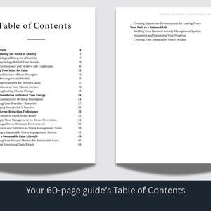 May include: Two-page spread from a guide, featuring a table of contents on the left and a page with a title and page numbers on the right. The guide is about anxiety and stress management.