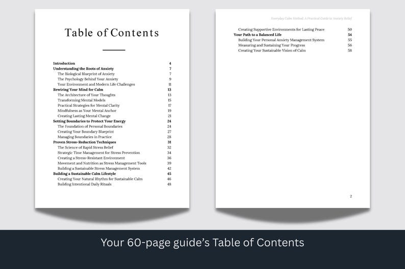 May include: Two-page spread from a guide, featuring a table of contents on the left and a page with a title and page numbers on the right. The guide is about anxiety and stress management.