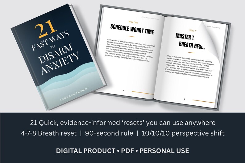 May include: A book titled "21 Fast Ways to Disarm Anxiety" with a navy blue cover and white text. The book is open to a page with the title "Schedule Worry Time". The image also includes the text: "21 Quick, evidence-informed 'resets' you can use anywhere".