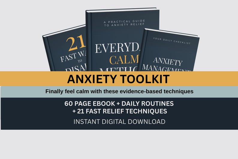 May include: Anxiety Toolkit digital download. Three dark blue books with white text: "21 Fast Ways to Disa!", "Everyday Calm Methods", and "Anxiety Management". The text "Anxiety Toolkit" is displayed below the books, along with additional information.