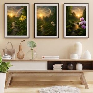 3-Pack Orchid Moss Wall Art  | Nature Sunset Forest Prints | Yellow, White & Purple Orchids | Digital Botanical Decor I River Moss