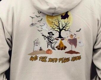 Halloween Skeleton Guitar Zip Hoodie: Spooky Campfire Autumn Jacket