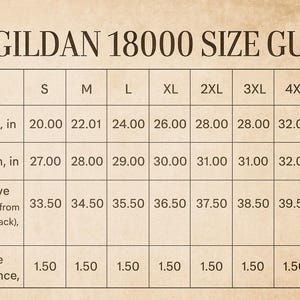 May include: Size guide for Gildan 18000 apparel, featuring measurements in inches for width, length, and sleeve length from center back, with sizes ranging from S to 5XL. Includes size tolerance.