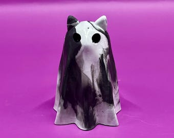 Figura de gato fantasma blanco y negro hecha a mano: decoración espeluznante para Halloween