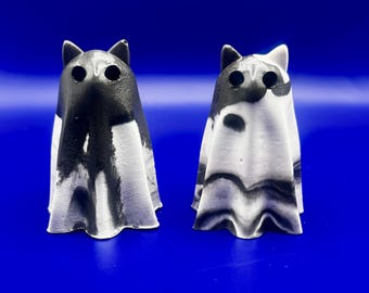 Handmade Black and White Cat Ghost Figurine - Spooky Halloween Decor