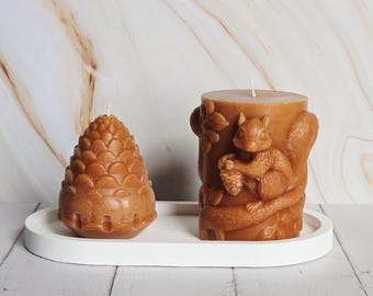 Beeswax Squirrel & Pine Cone Candle Set: Woodland Cabin Decor
