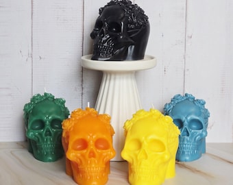 Skull Candle with Roses: Gothic Halloween Decor, Beeswax Candle