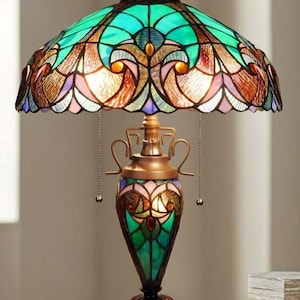 Vintage Tiffany-Style Stained Glass Lamp- Green and Blue Intricate Hand-Made