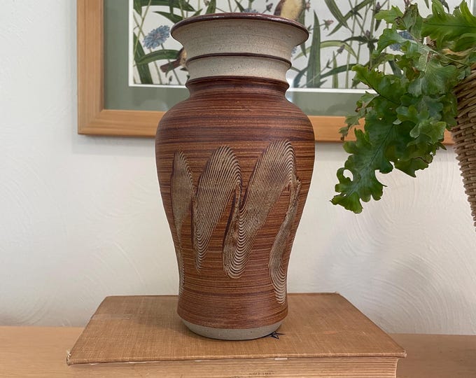 Signed Studio Pottery Vase, Neutral Colors, Earthy Fall Brown & Red, Squiggle Lines