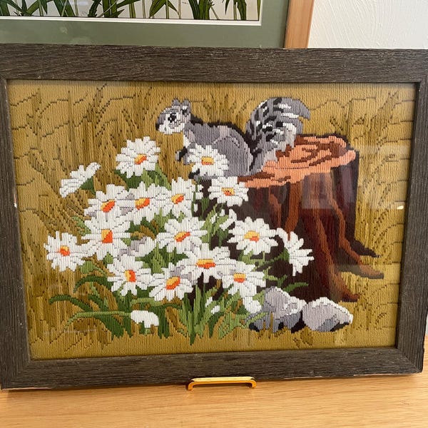 Vintage Crewel Daisy Flowers & Squirrel, Framed 18.5” by 14”