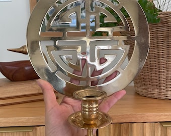 Vintage Solid Brass Candlestick Wall Sconce, Chinese Shou