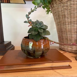 May include: A small, round ceramic pot with a succulent plant. The pot is glazed in shades of brown and green. The plant has green leaves and is sitting on a brown book. A wicker basket and a lamp are in the background.