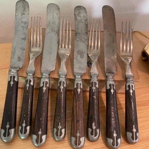 Set of 8 Forks Knives, Wooden Handles, Pewter Inlay, L.F.&C. Universal USA