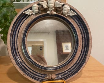 Small Studio Pottery Round Mirror, Cherubs, 11” Diameter