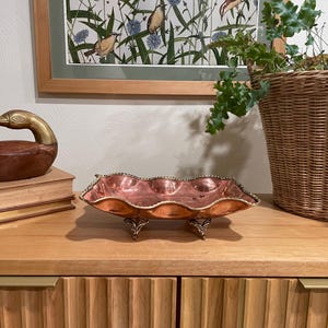 Vintage Copper Bowl or Dish with Brass, Scalloped Edge
