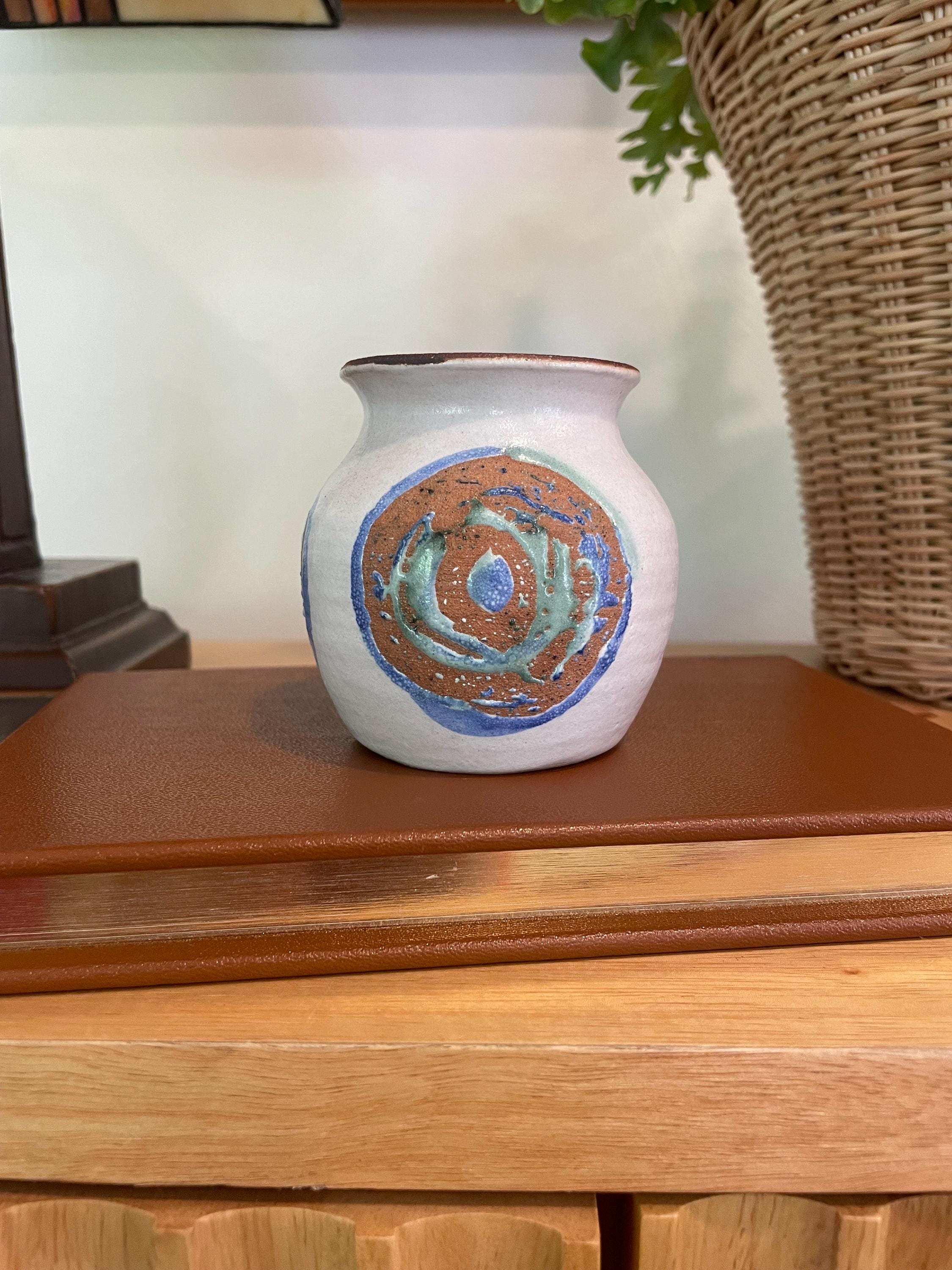 陶器製多肉植物プランター、ミニ花瓶、青と緑の円形、サイン入り