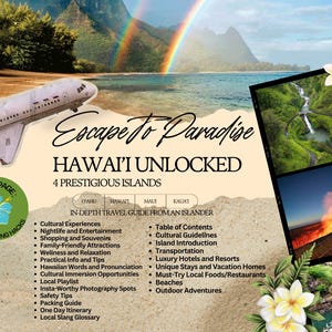 May include: A travel guide titled "Escape to Paradise: Hawai'i Unlocked" with images of Hawaiian landscapes, a rainbow, and an airplane. The guide highlights 4 islands and includes cultural experiences, nightlife, and beaches.