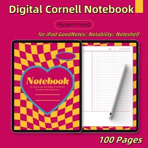 May include: Digital Cornell Notebook for iPad, featuring a pink and yellow checkered cover with a heart-shaped design that says "Notebook". The notebook has 100 pages and is hyperlinked for use with GoodNotes, Notability, and Noteshelf.