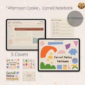 Op de afbeelding: Een digitale Cornell-notebook met 5 omslagontwerpen en 4 sjabloonopties. De notebook heeft een crèmekleurige achtergrond met kleurrijke abstracte vormen en de tekst "Cornell Notes Notebook". De afbeelding toont ook een koekje.