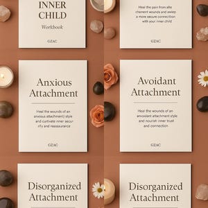 Puede incluir: Colección de seis cuadernos blancos con títulos como "Sanando a tu niño interior" y "Heridas de apego" sobre un fondo marrón. Los cuadernos están acompañados de velas, flores y cristales.