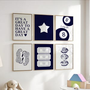 Navy Blue Wall Art Trendy Prints Set of 6, Navy 8 Ball Trendy Leopard Retro Star College Apartment Girly Poster Prints coquette dorm decor