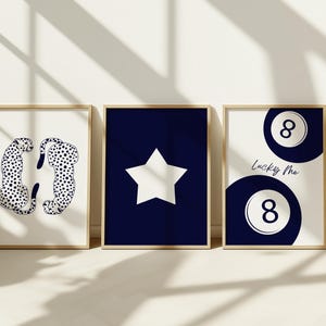 Navy Blue Wall Art Trendy Collage Set of 3 Cheetah Prints Retro 8 Ball Poster Star Blue Retro Décor Navy Blue Preppy Wall Art