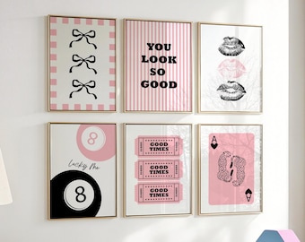 Pink Leopard Wall Art Set Black Aesthetic Girly Digital Download Poster Coquette Cheetah Kiss Print 8 Ball Lucky Trendy Poster Girly Preppy