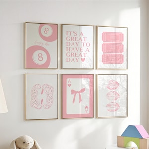 Roze muurkunstprint set van 6 roze coquette trendy girly slaapzaaldecor, roze 8 bal, kus lippen, poster luipaard, roze preppy digitale prints