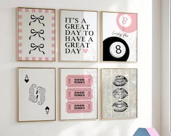 Pink and Black Coquette Wall Art Set Trendy Leopard Prints Poster Digital Download Kiss Lips 8 Ball Lucky Girly Preppy Home Decor