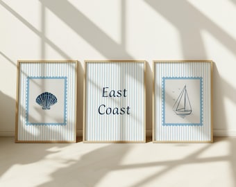 Coastal Blue Stripes Prints Set of 3: Seashell Ocean Home Decor (Digital Download)