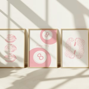 Pink Wall Art Preppy Girly Trendy Set Of Three Dorm Prints Poster 8 Ball Pink Leopard Trendy Kiss Lips Pink ,Feeling Lucky Apartment Poster