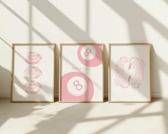 Pink Wall Art Preppy Girly Trendy Set Of Three Dorm Prints Poster 8 Ball Pink Leopard Trendy Kiss Lips Pink ,Feeling Lucky Apartment Poster